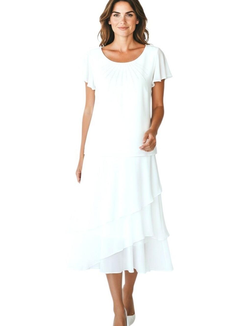 METAPHOR Size Small | Elegant 2-Piece | Short Sleeve Eggshell Midi Dress Set NWT